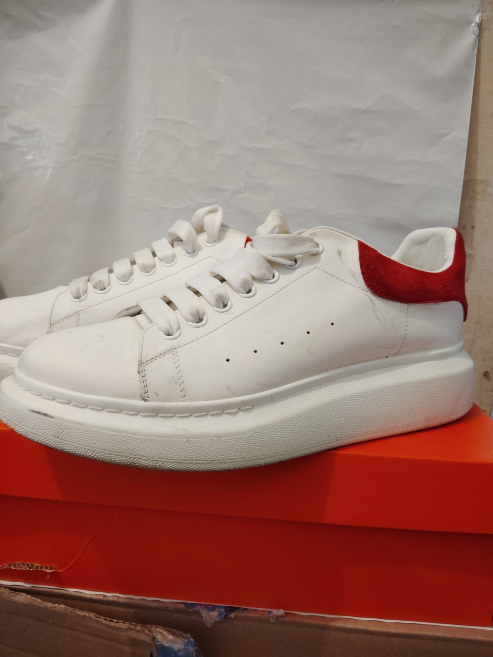 Alexander McQueen White Leather Sneakers with Red Heel Tab